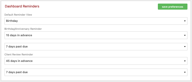 dashboard reminder preferences
