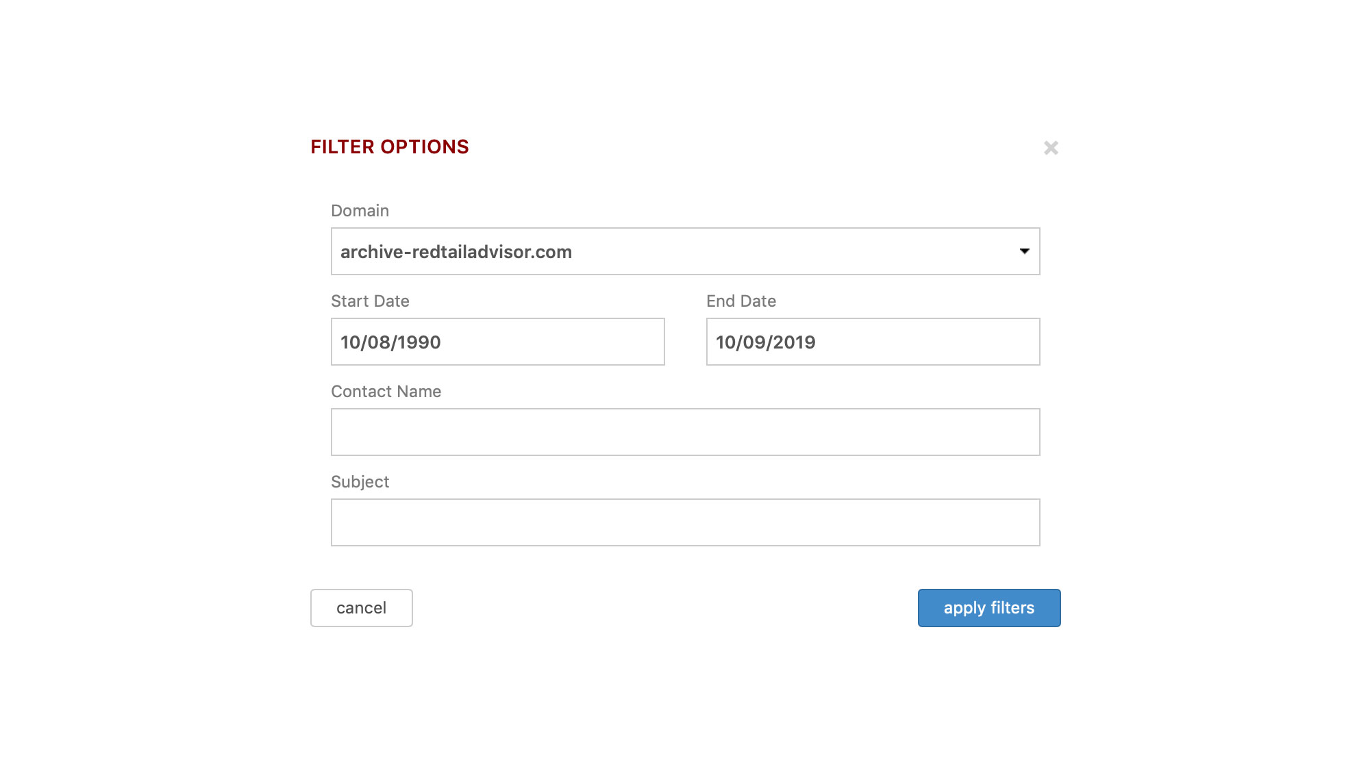 Redtail email filter screenshot