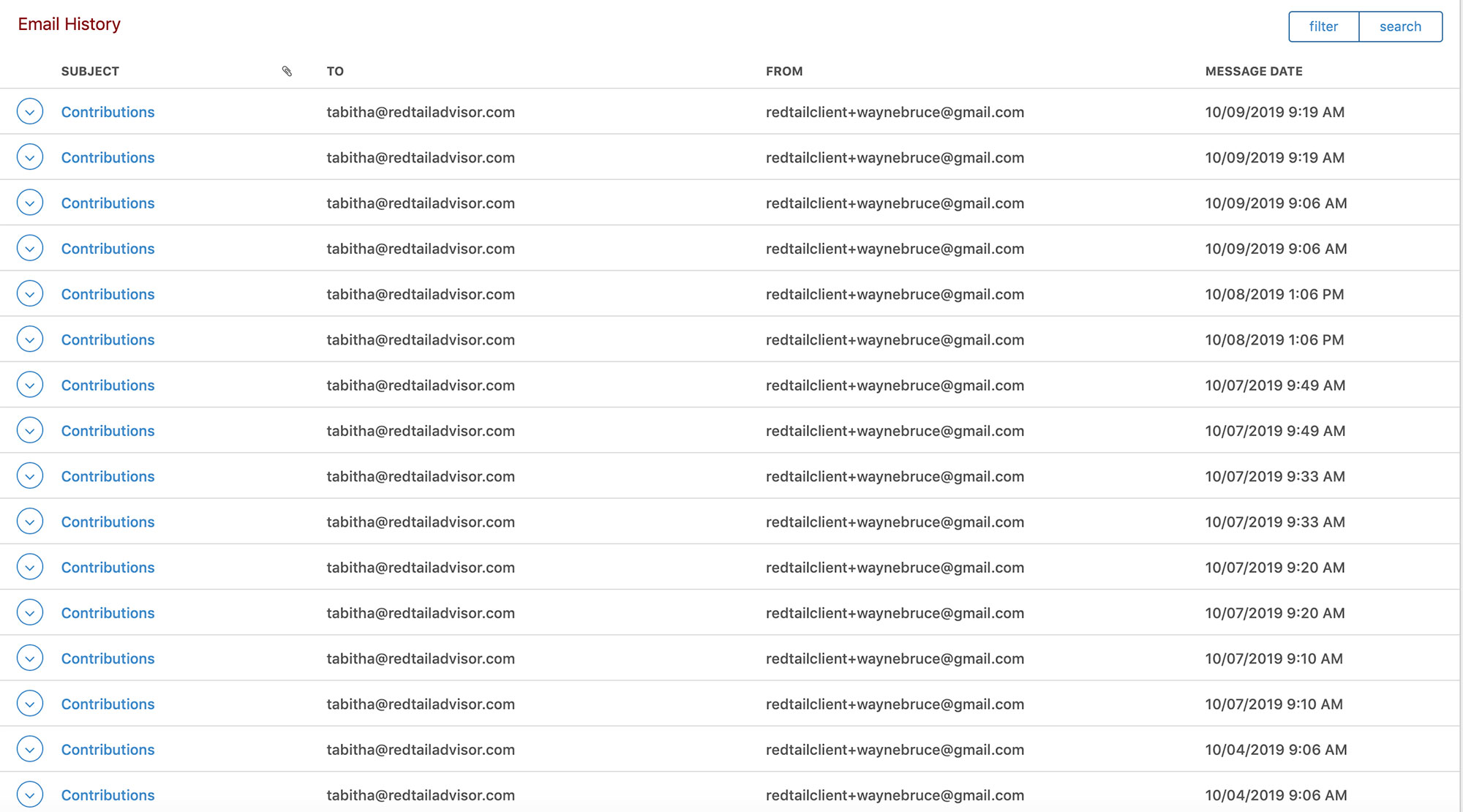 Redtail email history screenshot