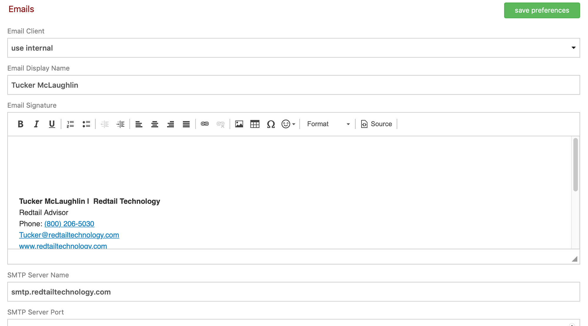 Redtail email settings screenshot