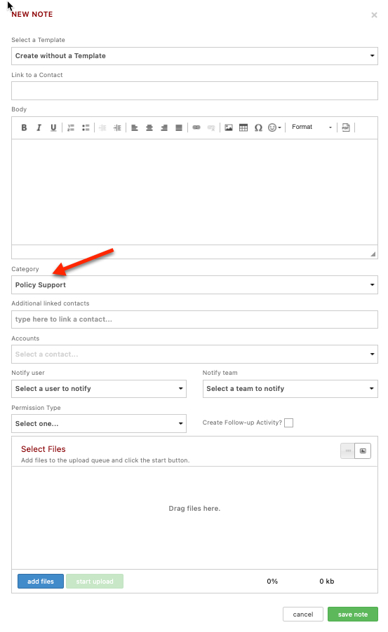 policy support default note category