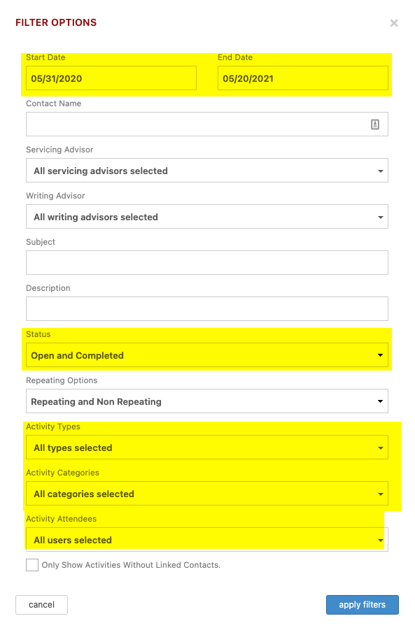 activities by contact report filters