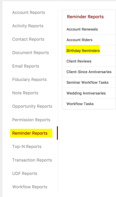 birthday reminders report