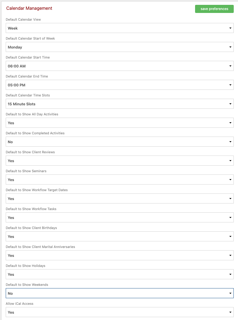 calendar management preferences 